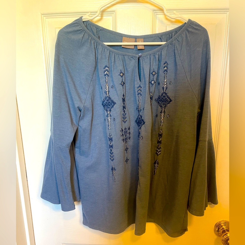 Chico's Blue Embroidered /Beaded Blouse